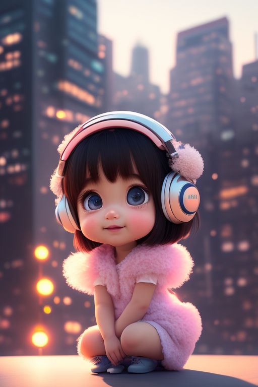 Super cute, Baby, Pixar, Japanese anime cute girl listening to music with city background feel so sad., Big bright eyes, Fluffy, Smile, Delicate and fine, Fairy tales, Incredibly high detailed, Pixar style, Bright color palette, Natural light, Simple background with pure color, Octane render, Trending on Artstation, Gorgeous, Ultra wide angle, 8k, HD, Realistic