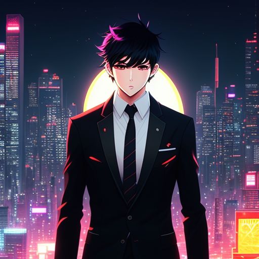 fond-ibex817: Black Haired anime boy with red eyes wearing a white dress  shirt with collar down and a black overcoat no tie