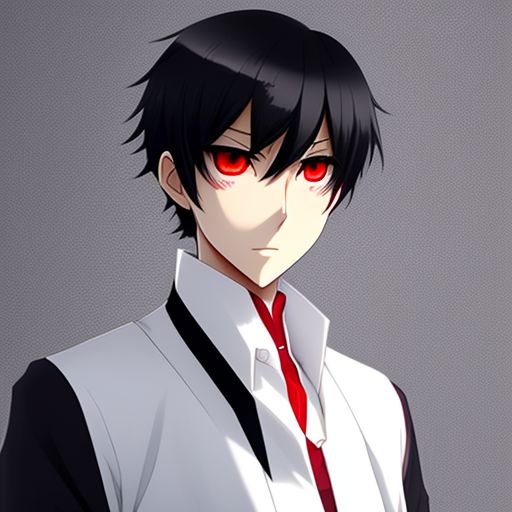  fond-ibex8 Chico anime de cabello negro con ojos rojos que usa una camisa de vestir blanca con cuello hacia abajo y un abrigo negro sin corbata