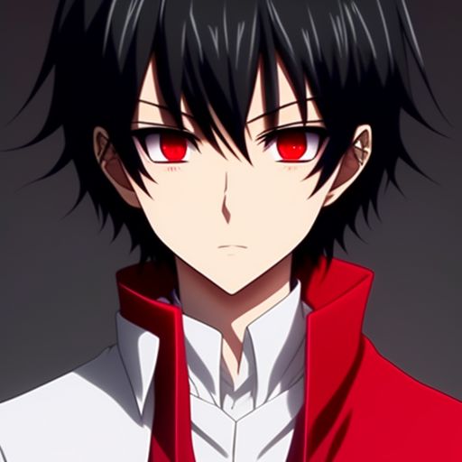  fond-ibex8 Chico anime de cabello negro con ojos rojos que usa una camisa de vestir blanca con cuello hacia abajo y un abrigo negro sin corbata