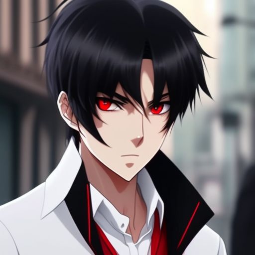 fond-ibex817: Black Haired anime boy with red eyes wearing a white dress  shirt with collar down and a black overcoat no tie