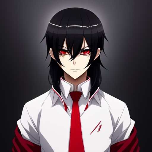 fond-ibex817: Black Haired anime boy with red eyes wearing a white dress  shirt with collar down and a black overcoat no tie