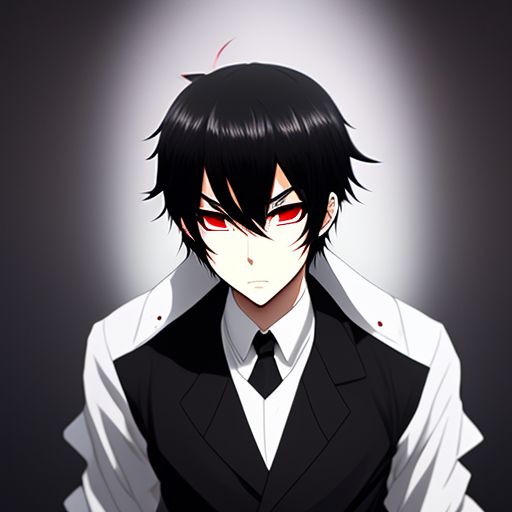 fond-ibex817: Black Haired anime boy with red eyes wearing a white dress  shirt with collar down and a black overcoat no tie