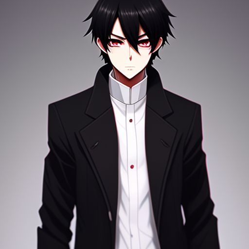 fond-ibex817: Black Haired anime boy with red eyes wearing a white dress  shirt with collar down and a black overcoat no tie