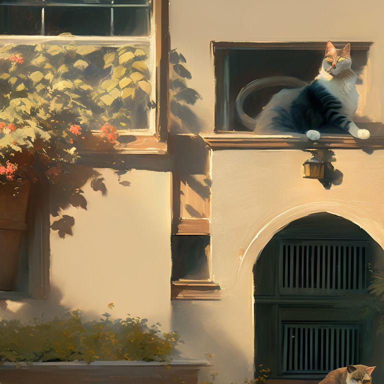 tangible-gaur4: a painting of cat sitting outside of a window