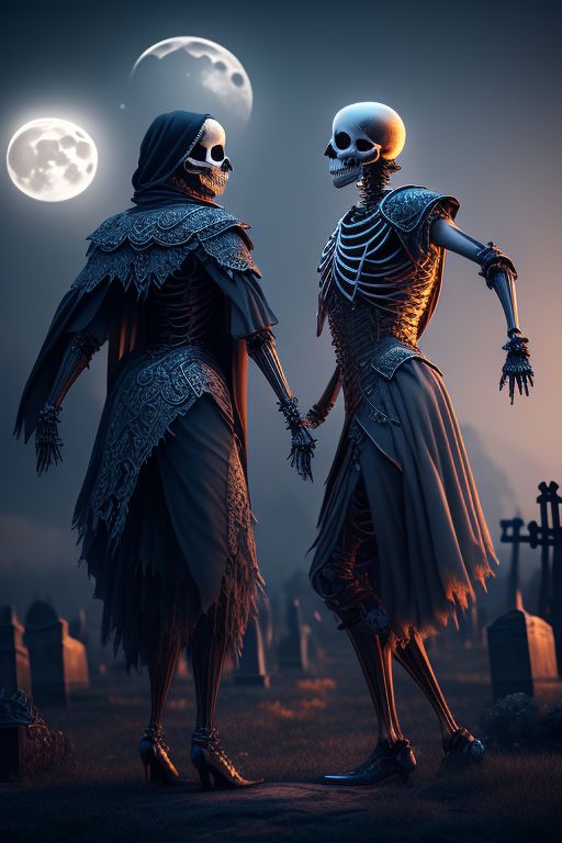 jittery-toad585: Two skeletons dancing on a graveyard, full moon ...
