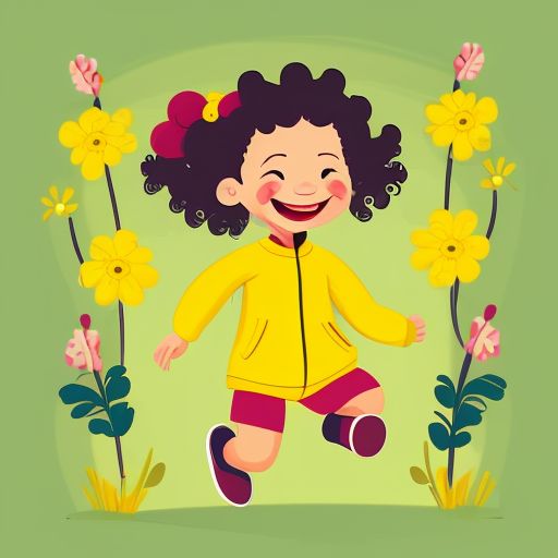 Folk art, happy cute curly toddler with a ponytail, dressed in yellow tracksuit skipping and smiling, disney character style, Cute, 2D illustration, Colorful, flowers and botanicals, Vector, Svg, Clip Art, Flat design, Scandinavian folk art style