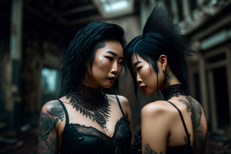 KilburnSpider: 2 Asian punk women dancing with each other,eye contact, in  an abandoned fairground, with wild hair, tattoos, dirt on face, crying,  calm, looking at camera, beautiful hands, tattoos on neck and