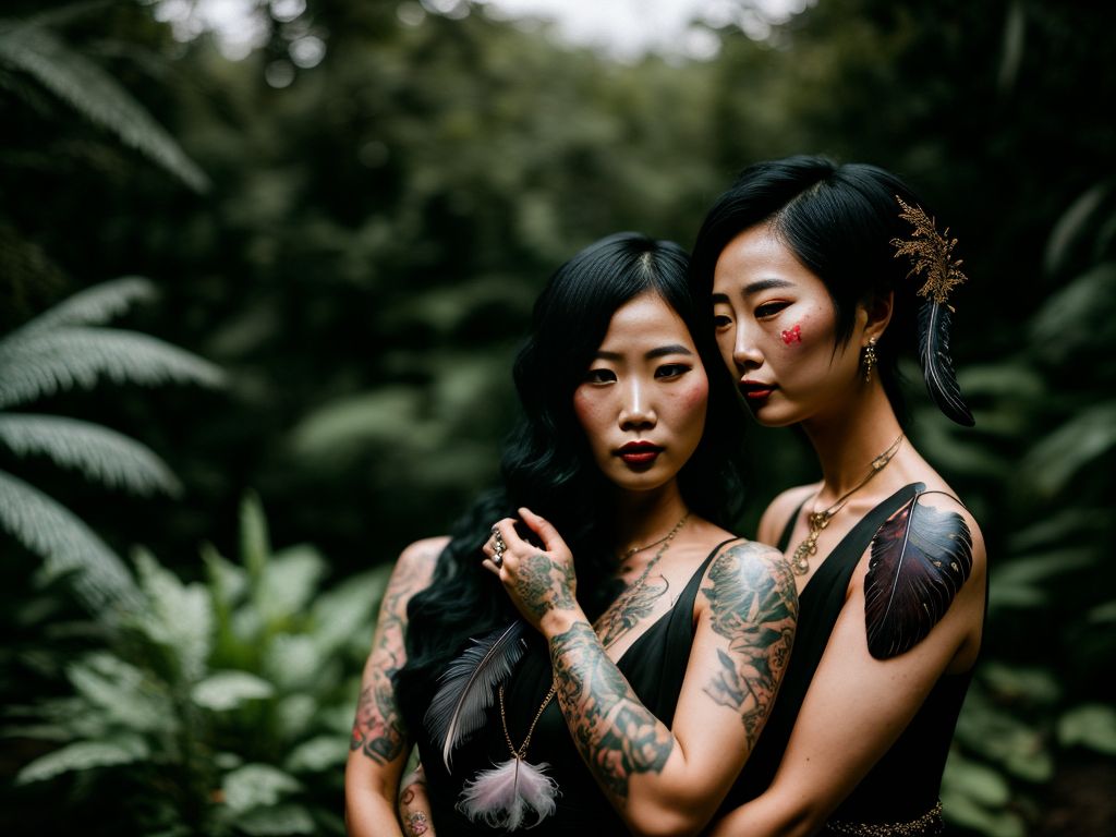 KilburnSpider: A couple hugging, Asian punk women, in a jungle setting,  green, trees and exotic flowers,walking out of a lake, they are arguing,  with wild hair, tattoos, dirt on face, crying, calm,