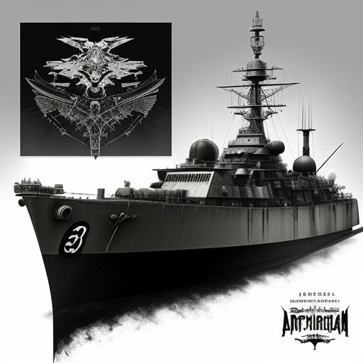 World War 2 Battleship Bismarck Anime style concept art, with sharp lighting and heavy shadows, intricately detailed and highly stylized in the vein of inkblot art, with a smooth and polished finish, Trending on Artstation, by artists like loish and artgerm, including subtle nods to the character of rorschach within the image.