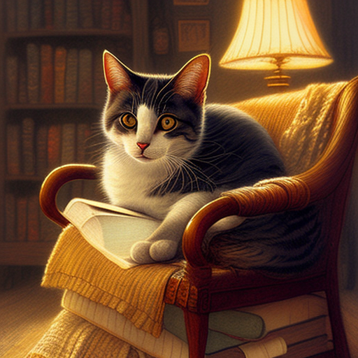 grim-termite247: a cute cat curled up in a chair beside a stack of books