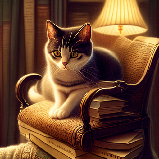 grim-termite247: a cute cat curled up in a chair beside a stack of books
