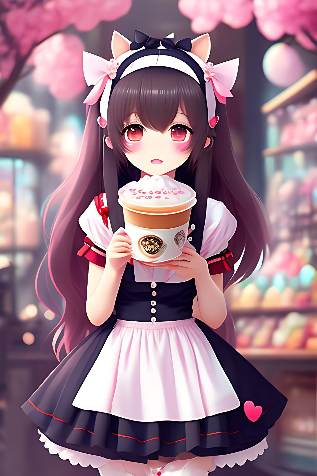 the lovesick girl by Kawacy, adorable anime, chibi kawaii, wear meido dress with boba milk tea cup, Anime
