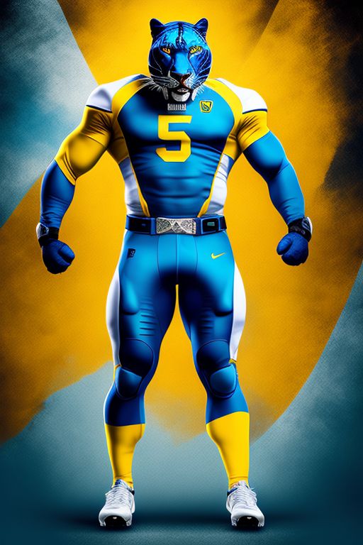panther, mascot for sport, fierce , smart, technological,  light blue, yellow and white stripes, standing with full body portrait, with sports background