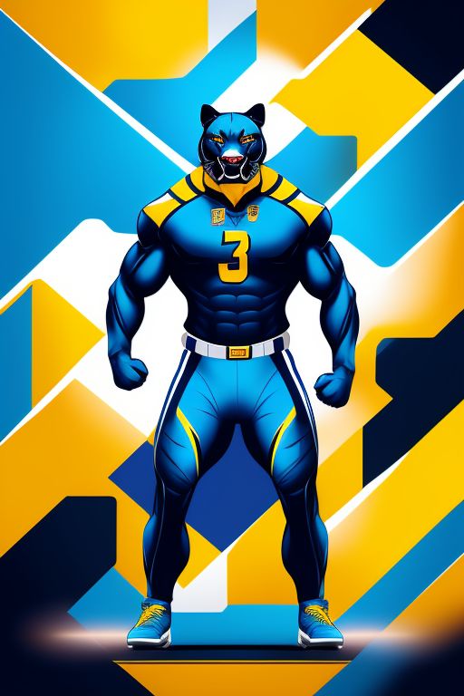 panther, mascot for sport, fierce , smart, technological,  light blue, yellow and white stripes, standing with full body portrait, with sports background