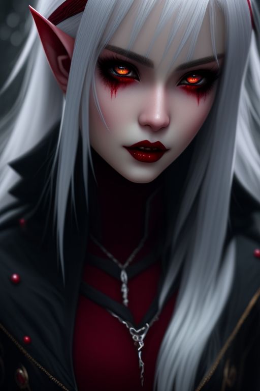elf vampire girl with white hair and red color eyes. Anime realistic style