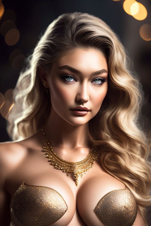 icy-snail165: instrinsic eye detailed,perfect face Gigi Hadid,nud e,  goddess of pride as a pale,creamy super muscular women,big breast wearing a  very ornate superhero armor , full body, g cup breast,bokeh blur background  