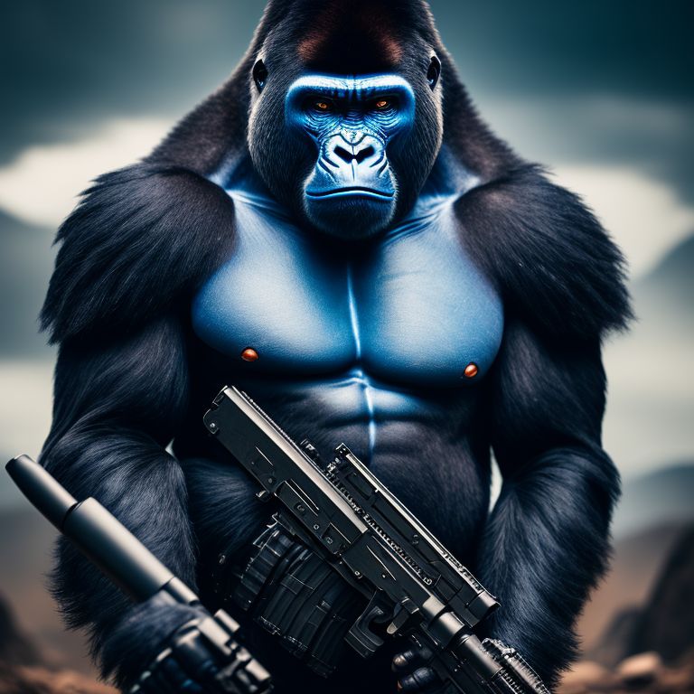 Yellow Lemur680 Blue Avatar Gorilla Wearing Armour Holding Gun With