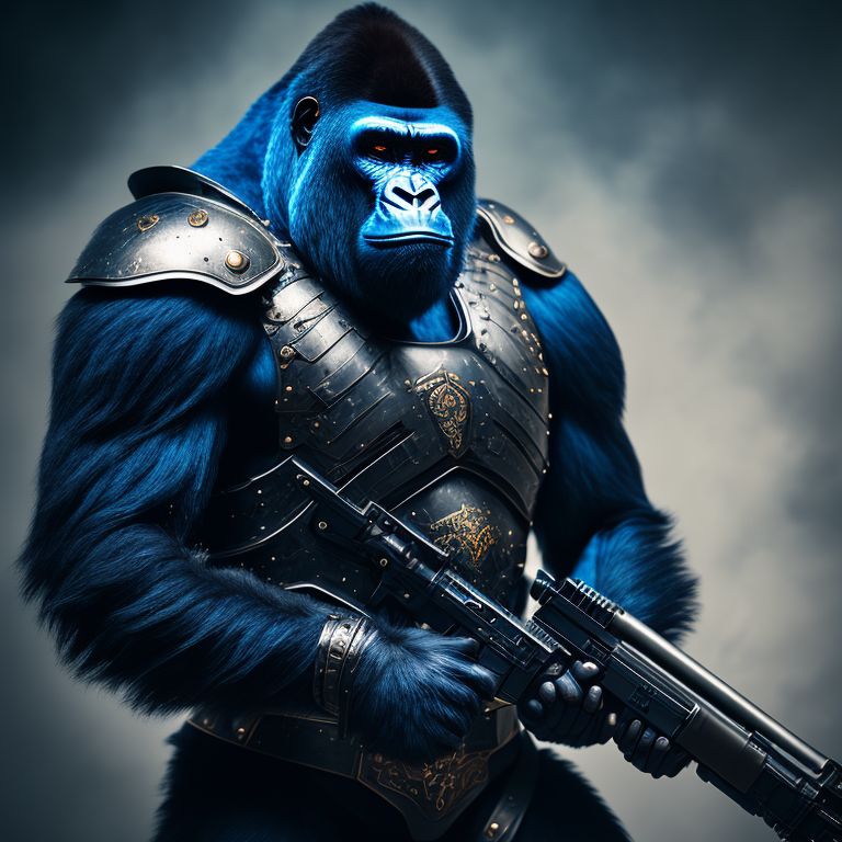 blue avatar gorilla wearing armour holding gun with dark background
, Cinematic, Photography, Sharp, Hasselblad, Dramatic Lighting, Depth of field, Medium shot, Soft color palette, 80mm, Incredibly high detailed, Lightroom gallery