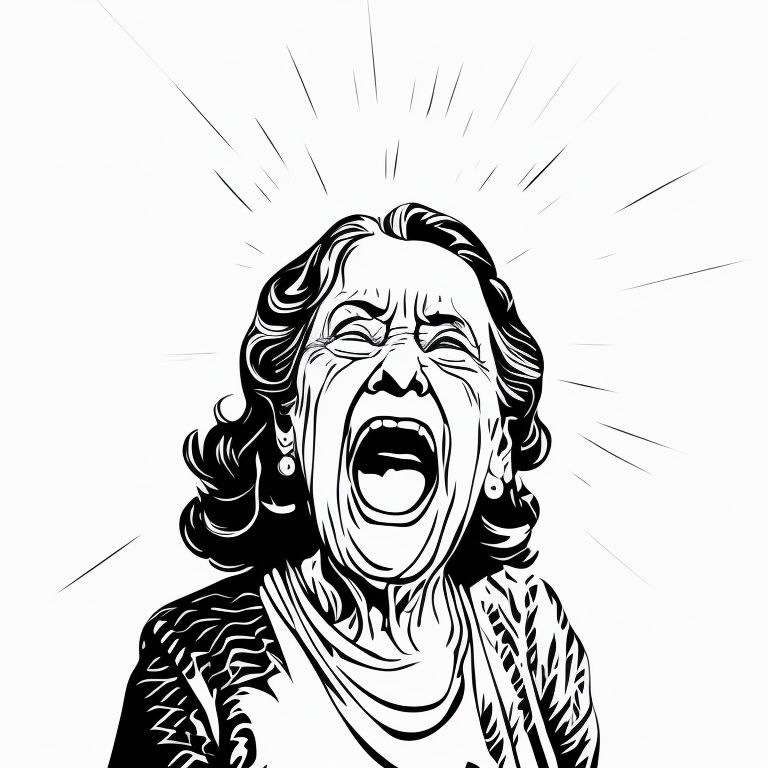 Focus on a Old woman is Yelling, in concert background, Line art, Coloring pages, Award winning, Perfect face, White background, Flat lighting, Vector, White and black color, wide shot, Sharp edges