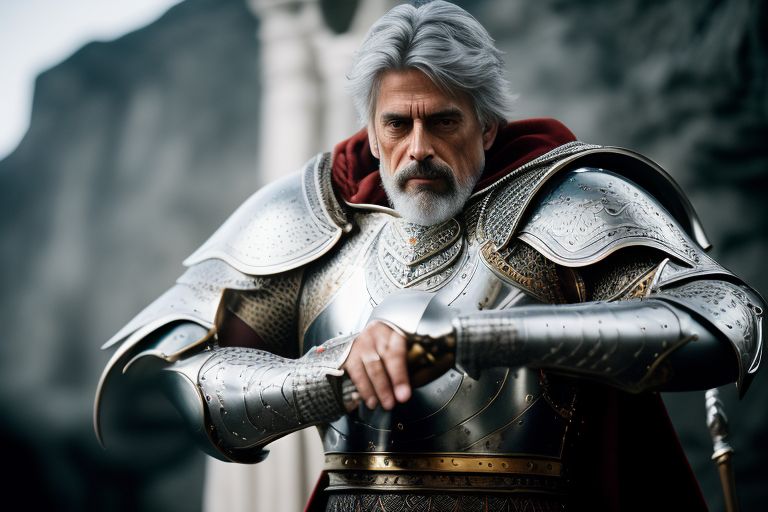 Nigel terry,King Arthur ,in silver armour ,excalibur, Cinematic, Photography, Sharp, Hasselblad, Dramatic Lighting, Depth of field, Medium shot, Soft color palette, 80mm, Incredibly high detailed, Lightroom gallery