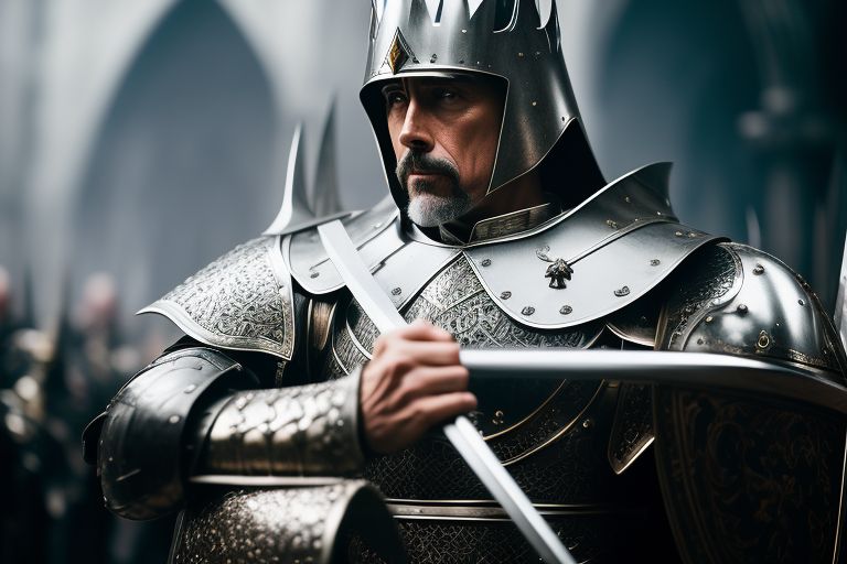 Nigel terry,King Arthur ,in silver armour ,excalibur, Cinematic, Photography, Sharp, Hasselblad, Dramatic Lighting, Depth of field, Medium shot, Soft color palette, 80mm, Incredibly high detailed, Lightroom gallery