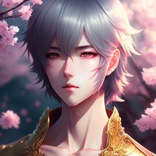 pretty anime boy, sitting on a throne made of crystal and gold, surrounded by cherry blossom trees, Intricate, Highly detailed, Portrait, Digital painting, art by sakimichan and artgerm and miu chu and wlop, Pastel colors, dreamlike atmosphere, sharp focus.