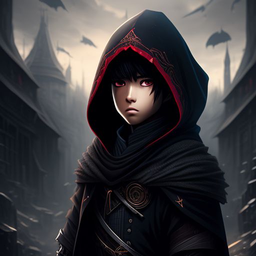 dense-crab678: a highly detailed full body anime portrait of a boy assassin  in a hooded cloak