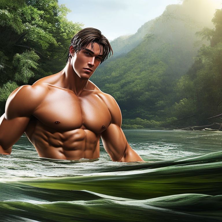 distinct-dog966: handsome young tarzan bathing in a river, long hair ...