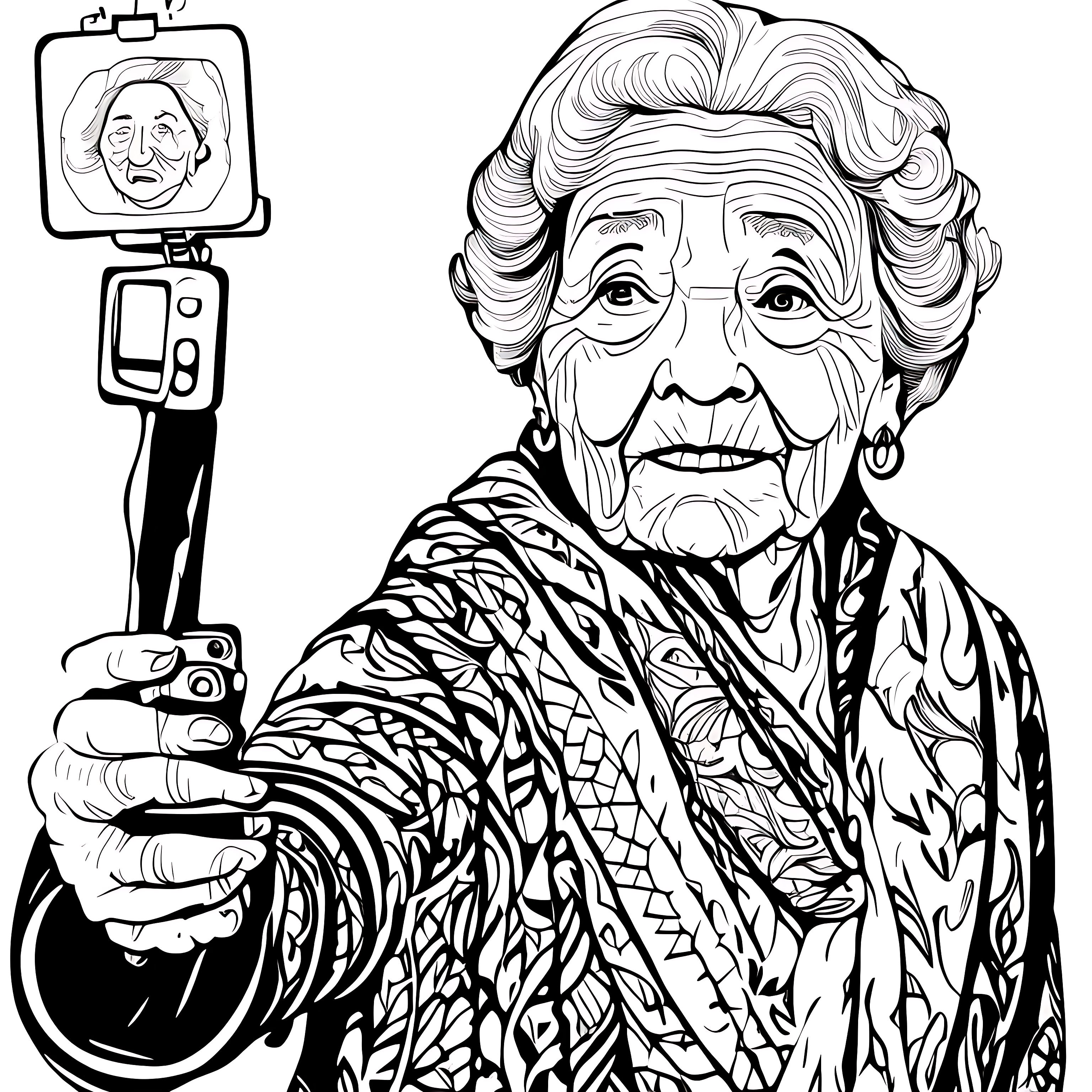 Old woman is taking selfie, Line art, Coloring pages, Award winning, Perfect face, White background, Flat lighting, Vector, White and black color, wide shot, Sharp edges