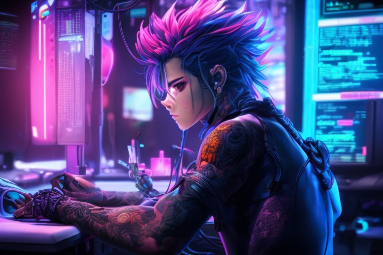 kimoi: high detailed anime man with tattoos and blue hair sitting