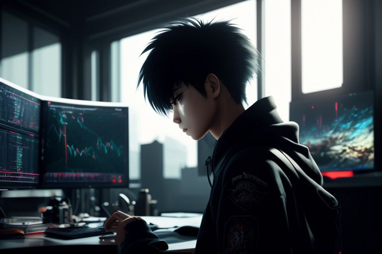 kimoi: High detail anime guy in sitting bedroom desk on his computer with  stocks trading on his computer monitors. wearing streetwear clothing