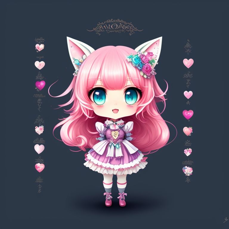 rural-hare966: Alice in wonderland style, Tiara, Pastel, art like Yana  Toboso, 1 character reference sheet, hazel green eyes, Pink Catgirl, pink  ears, adorable anime, pink noodle hair, tiara, chibi kawaii, princess, epic