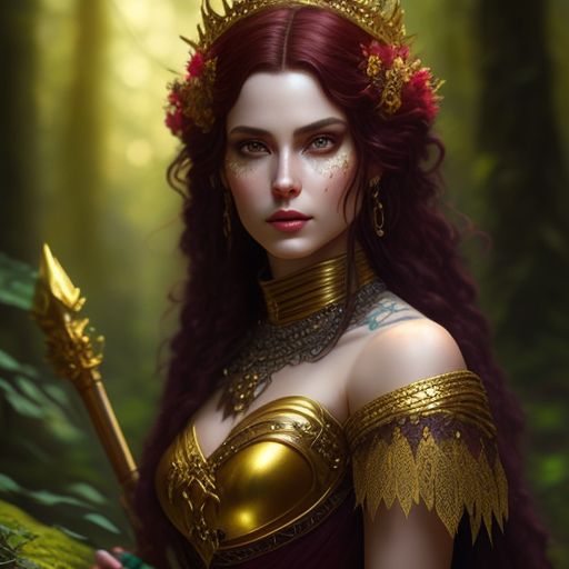 Fantasy queen with long crimson hair and a beautiful gown. golden