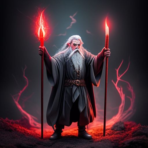 Unique-ram347: Old Wizard, Fantasy Landscape, Casting Spells Red Beam