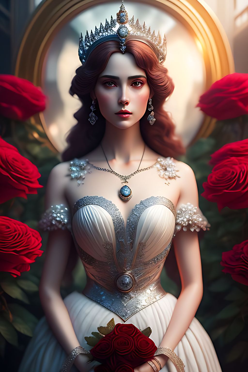 standing centered, 3d style, disney style, 8k, Beautiful, Portrait of a Lady Justice as Empress with silver crown and scales of justice, red roses, highly detailed face, looking at camera, royal white dress, silver necklaces with gemstones, ethereal, long peach color hair, big reflective eyes, by Kawacy, anime style, Realistic, best quality, hyper-realistic photograph, Photorealistic, by charlie bowater, by mark brooks, by pre-raphaelite brotherhood, by raffaello sanzio, by wes anderson, dramatic characters design, nice shot, Octane render, trending on unsplash, fine detail, PhotoHelper, uplight, fullbody, 8k