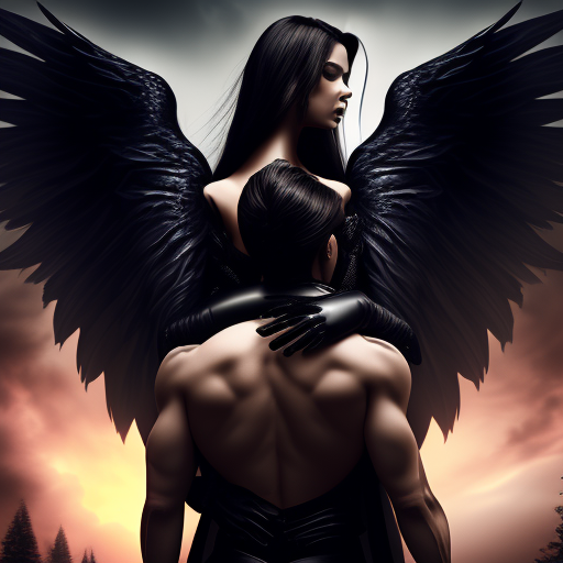 A male dark angel bites a female on her neck. She arches her back into him., Seductive, Dark fantasy