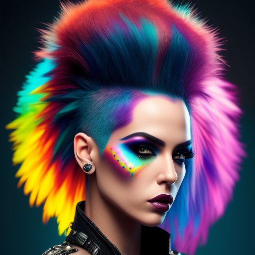 A beautiful female punk rocker with a rainbow mohawk , intrinsically detailed objects and scenery, hyper realistic humanity, full body portraiture, Sultry, Pastel vibrance