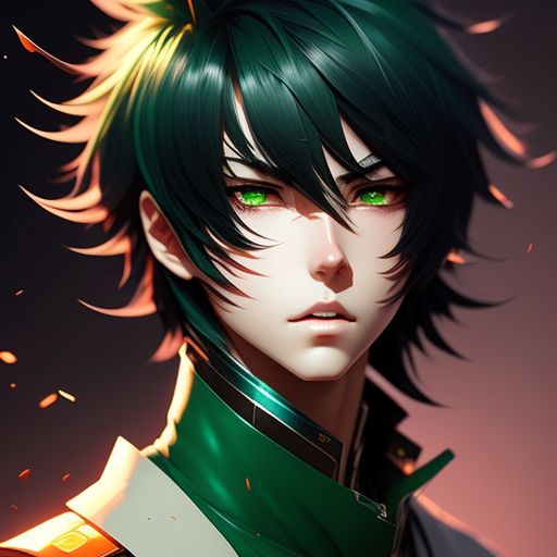 Image of Full-body illustration of an anime boy with brown hair and green eyes