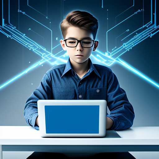 please generate a digital image of a confident 22 year boy working with laptop. in the background the nodes connect in a logical pattern. futuristic, sharp, 8k,  realistic, the nodes in the background should be connected in a clear and logical pattern, reflecting a well-organized and efficient workspace, the overall tone of the image should be professional and futuristic, with a color scheme that includes shades of blue and silver."