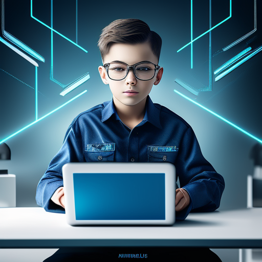 please generate a digital image of a confident 22 year boy working with laptop. in the background the nodes connect in a logical pattern. futuristic, sharp, 8k,  realistic, the nodes in the background should be connected in a clear and logical pattern, reflecting a well-organized and efficient workspace, the overall tone of the image should be professional and futuristic, with a color scheme that includes shades of blue and silver."