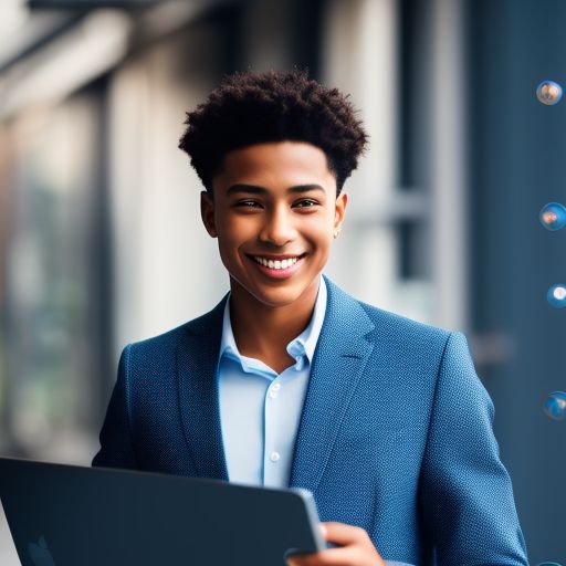 equal-owl709: teenager male with laptop, confident, smiling in suit. in ...