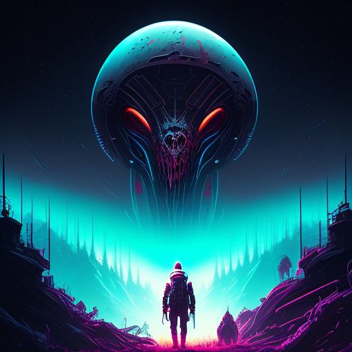 gore alien in the distance dead bodies, with muted colors, High contrast, low-key lighting, Digital painting, art by dan mumford, Highly detailed, trending on artstation hq.