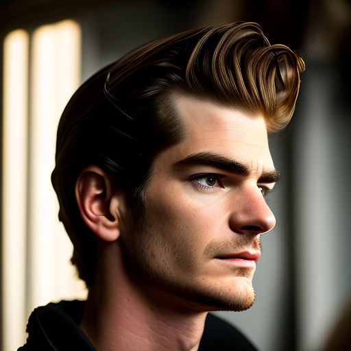 andrew garfield getting his hair cut, Moody lighting, Close-up, intense gaze, dramatic shadows, by annie leibovitz, gritty aesthetic.