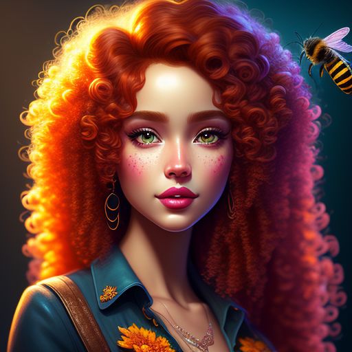 flowers and bees, curly haired redhead, Highly detailed, Vibrant lighting, Eye-catching, still-life, honeycomb trim, art by lois van baarle and artgerm, trending on artstation hq., Highly detailed, Smooth, Vibrant lighting, Eye-catching, art by lois van baarle and artgerm, trending on artstation hq.