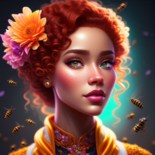 flowers and bees, curly haired redhead, Highly detailed, Vibrant lighting, Eye-catching, still-life, honeycomb trim, art by lois van baarle and artgerm, trending on artstation hq., Highly detailed, Smooth, Vibrant lighting, Eye-catching, art by lois van baarle and artgerm, trending on artstation hq.