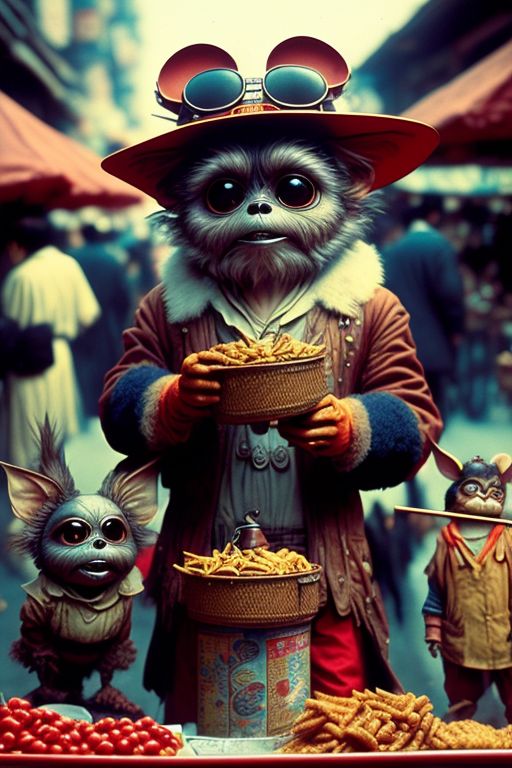 Gritty realistic photo Gizmo from Gremlins cosplaying as a street market vendor in China,on a gritty Chinese Street movie set, 16mm film with film grain,uhd, In the art style of Ilya Kuvshinov  and Jean Giraud, Japanese anime, 16K, Fine stroke with high defination feeling, Color outlined, Centered and symmetrical