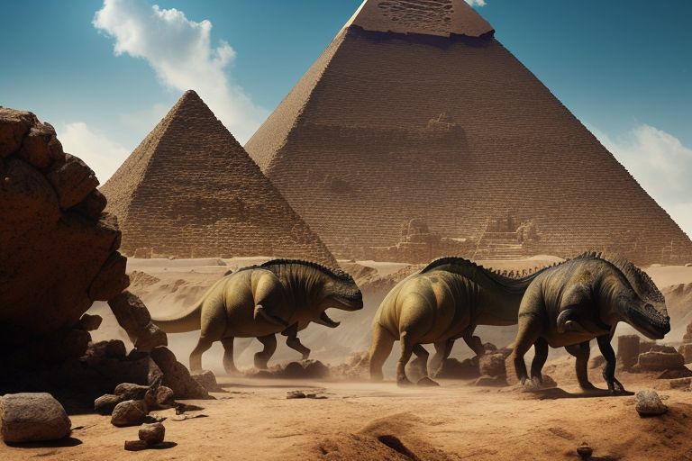 darrylmason: Dinosaurs building the Great Pyramid, dinosaurs dragging rocks  up pyramid construction ramp, dinosaur supervisor, dinsosaurws moving rocks  into place, movie scene, matte painting