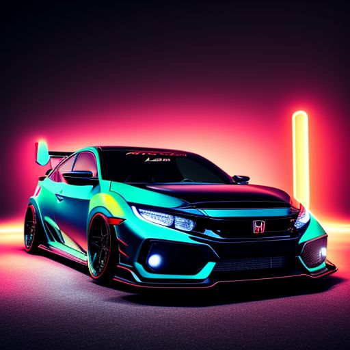honda civic 2020 model tuning body kit, Neon lighting, and a dark atmosphere, created in the style of art by khyzyl saleem and marcello petrillo, highly detailed and intricate, with sharp focus and smooth lines, perfect for showcasing on a car enthusiast's social media or website. trending on artstation and other digital art platforms.