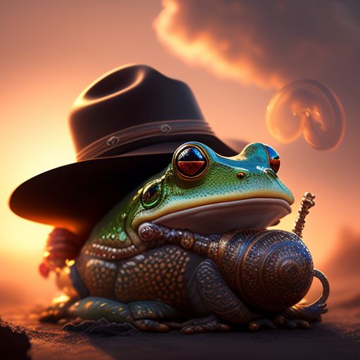 frog with cowboy hat and lasso riding a snail with a saddle, Whimsical, Magical, warm sunset lighting, Dreamlike, Digital painting, Highly detailed, Trending on Artstation, art by ruan jia, mandi jurgens, and ross tran, Fantasy, Intricate, sharp focus.